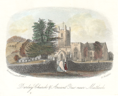 Darley Church & Ancient Yew near Matlock  (antique print)