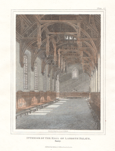 Interior of the Hall of Lambeth Palace, Surrey.  (antique print)