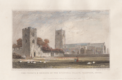 The Church & Remains of the Episcopal Palace, Paignton, Devon.  (antique print) 