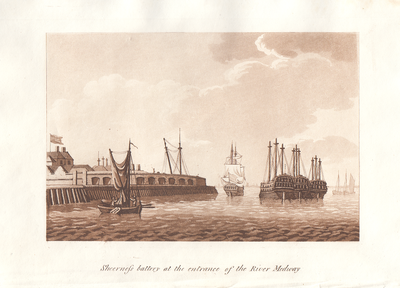 Sheerness battery at the entrance of the River Medway.  (antique print)