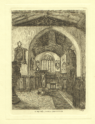 St. Peter's Church, Carmarthen.  (antique print)