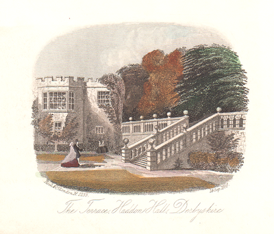 The Terrace Haddon Hall, Derbyshire.  (antique print)