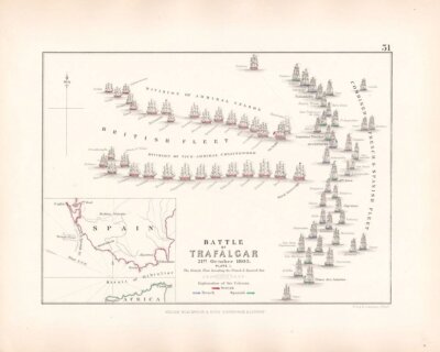 Battle of Trafalgar 21st October, 1805.  Plate 1 - The British Fleet breaking the French and Spanish line. 
