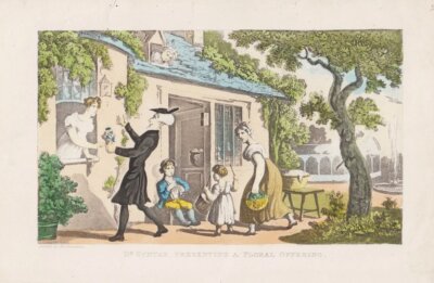 Dr. Syntax presenting a floral offering.  (antique print)