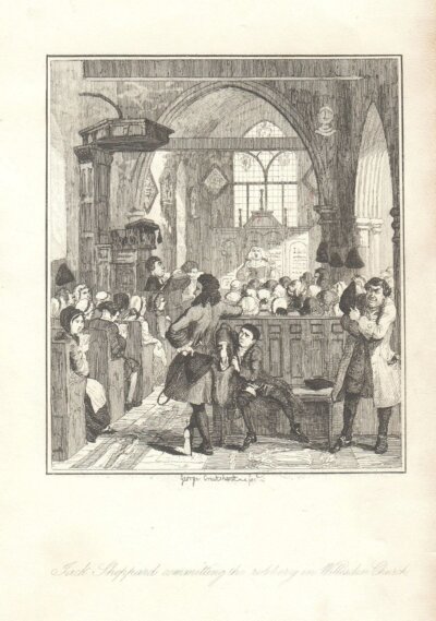 Jack Sheppard committing the robbery in Willesden Church.