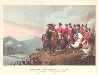 The Duke of Wellington & his Staff Crosssing the Bidossoa & entering France 1813.  (antique print)