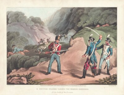 A British Soldier taking two French Officers, at the Battle of the Pyranees. 