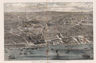 Birds-Eye view of Liverpool from the Mersey - With all the New Public Buildings  (antique print)