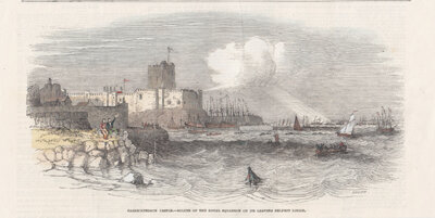 Carrickfergus Castle - Salute of the Royal Squadron on its leaving Belfast    (antique print)