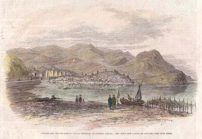 Eisteddfod or Congress of Welsh Literati at Conway Castle  The town and Castle of Conway  (antique prints)