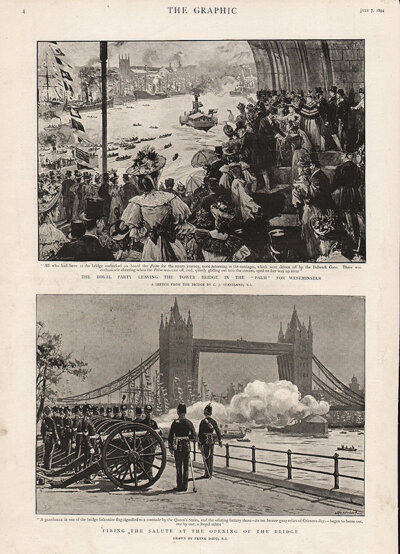 The Royal Party leaving the Tower Bridge in the 'Palm' for Westminster / Firing the salute at the opening of the bridge