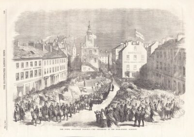 The Burns Centenary Festival - The Procession in the High Street, Dumfries.  (antique print)