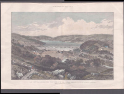 Lake Vyrnwy, Montgomeryshire, North Wales, formed by the Dam of Masonry constructed for the New Liverpool Waterworks.  (antique print)