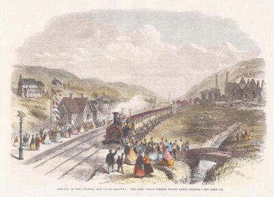 Opening of the Swansea and Neath Railway : The First Train passing Neath Abbey Station.