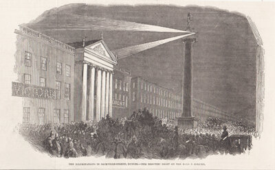 The Illumination in Sackville Street Dublin - The Electric Light on the Nelson Column    (antique print)