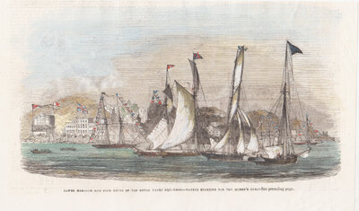 Cowes Harbour and Club House of the Royal Yacht Squadron  -  Yachts starting for the Queen's Cup