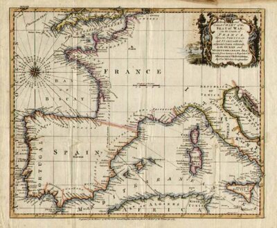 A New and Correct Chart of the Seat of War on the coasts of France Spain Portugal and Itlay
