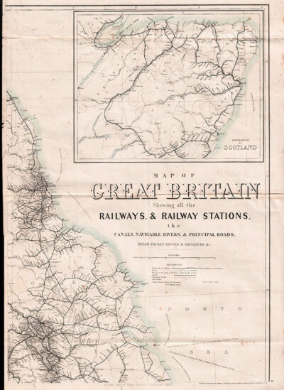 Map Of Great Britain showing all the Railways &  Railway Stations the Canals Navigable Rivers & Principal Roads