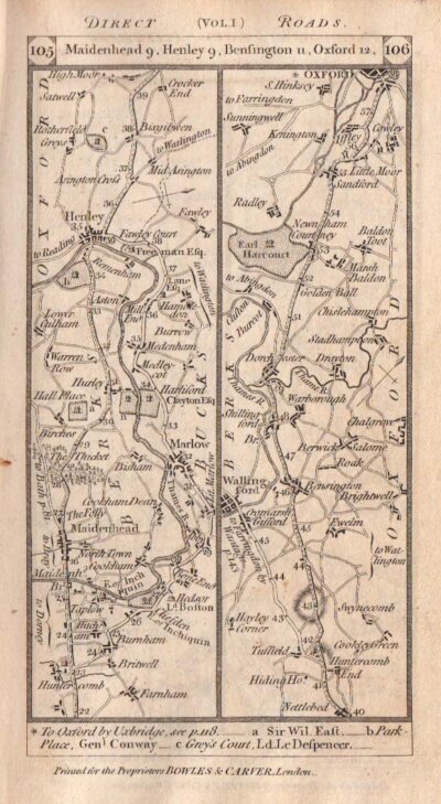 Road from London to Oxford Glocester & St David's from Maidenhead to Henley to Besington to Oxford continuing on the verso to Witney Burford and Frogmill  