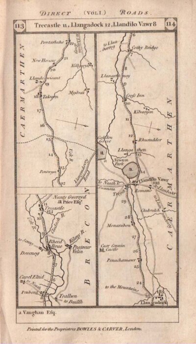 Road from from Trecastle to Llangadock to Llandilo Vawr and continuing on the verso to Carmarthen St Clear Narberth and Wiston  