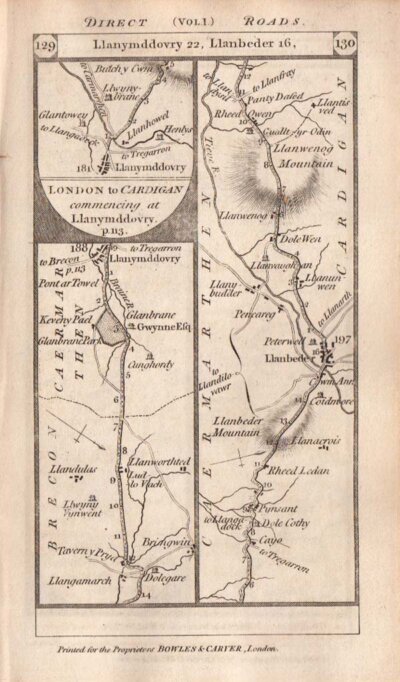 The Road from London to Cardigan commencing at Llanymddovry and from Llanymddovry to Llanbedr continuing on the verso to Newcastle Emlyn and Cardigan  