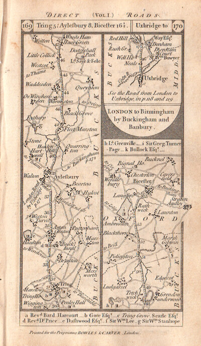 The Road from Tring to Aylesbury to Bicester and the road from Uxbridge continuing on the verso to Amersham Wendover Aylesbury to Winslow