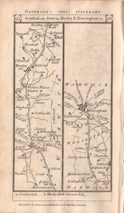 The Road from Stratford on Avon to Henley to Birmingham and on the verso the road from Buckingham to Banbury