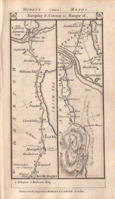 The Road from Abergeley to Conway to Bangor and continuing on the verso to Gwyndu ad then to Holyhead