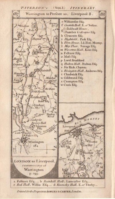 The Road from Warrington to Prescot then to Liverpool  On the verso is the road from Denbigh to Conway or Aberconway