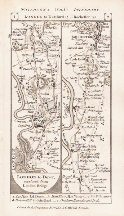 Road from London to Dover via Dartford and Rochester continuing on verso to Sittingbourne and to Canterbury