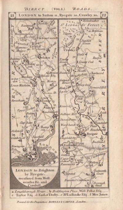Road from London to Brighton by Ryegate  and Crawley  continuing on verso to Cuckfield and Brighton