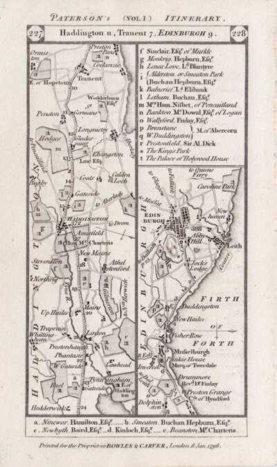 The Road from Haddington to Tranent to Edinburgh and on the verso the road from Berwick to Press Inn to Dunbar