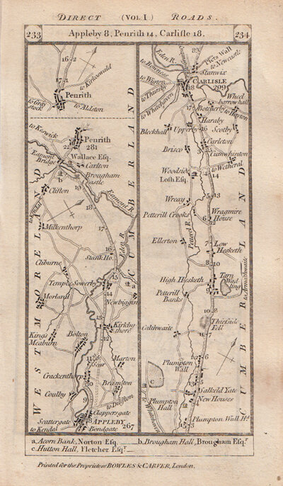 The Road from Appleby to Penrith to Carlisle continuing on the verso to Longtown Langholm to Mosspaul Inn