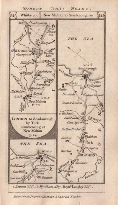 Road from London to Scarborough by York commencing at New Malton   On the verso is the road from Durham to Sunderland 