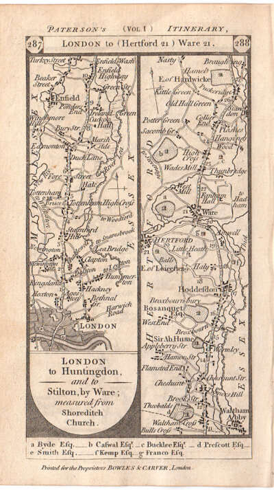 The Road from London to Hertford to Ware and on the verso the road from Beverley to Great Driffield to Scarborough