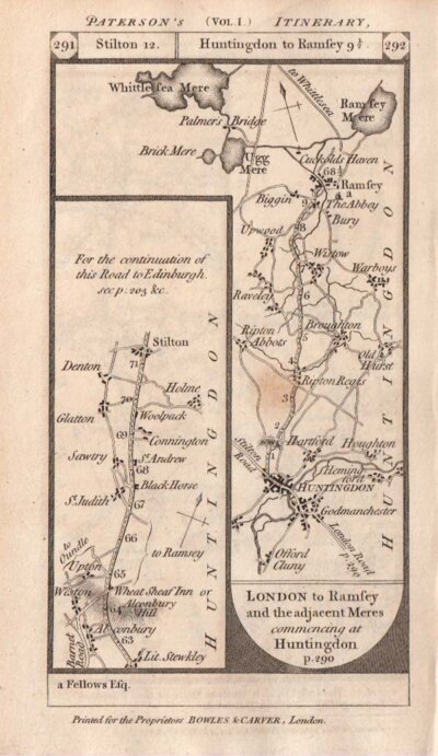 Road from London to Ramsey and the adjacent Meres commencing at Huntingdon   On the verso is the road from Buntingford to Royston Caxton and Huntingdon