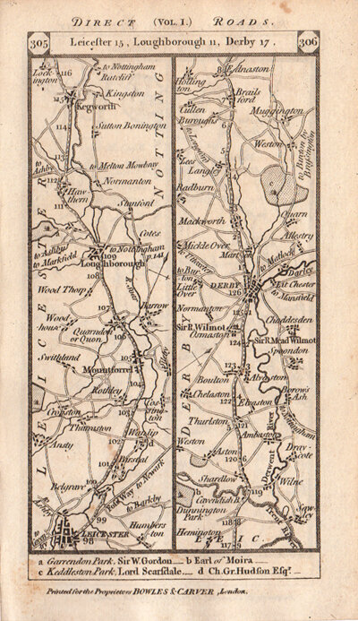 The Road from Leicester to Loughborough to Derby continuing on the verso to Ashbourn to Buxton