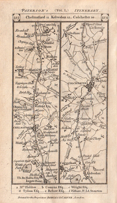 The Road from Chelmsford to Kelvedon to Colchester and on the verso the road from London to Rumford and Brentwood 