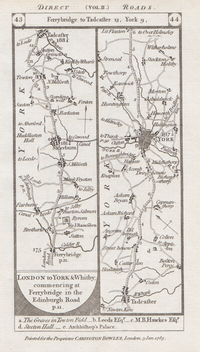 The Road from Ferrybridge to Tadcaster to York continuing on verso to New Malton and Pickering 