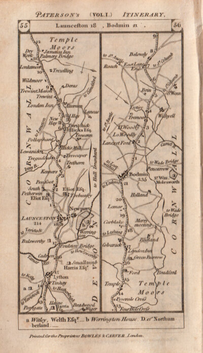The road from  Launceston to Bodmin with the road from Exeter to Okehampton  on the verso  