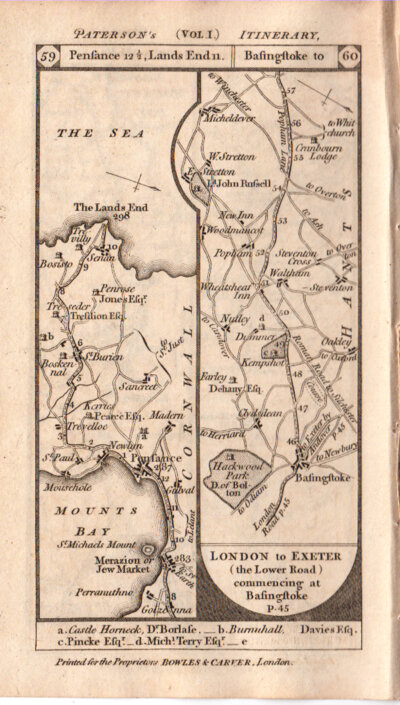 The road from  Penzance to Lands End  with the road from St Michael to Truro to Falmouth to Helstone on the verso  