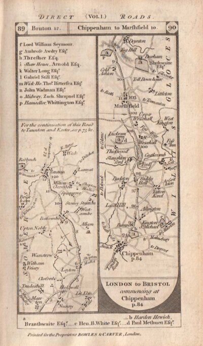 Road from London to Bristol commencing at Chipenham to Marshfield continuing on verso to Bristol