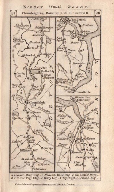 The Road from Chumleigh to Barnstable ending at Biddeford   On the verso is the road from Exeter to Chudleigh Newton Bushel to Totness