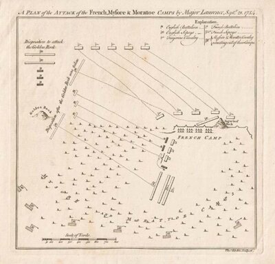 A Plan of the Attack of the French Mysore & Morattoe Camps by Major Laurence Sept 21 1754