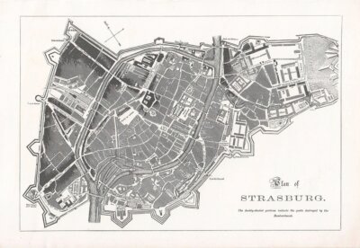 Plan of Strasburg the darkly shaded portions indicate the parts destroyed by the Bombardment.  (antique print)
