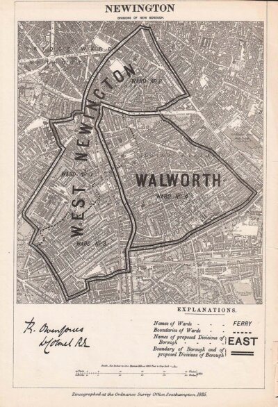 Newington  -  Map of the Report of the Boundary Commissioners for England and Wales 1885