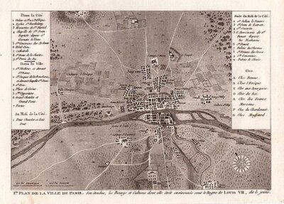 1ER Plan de la Ville de Paris  Son  tendue les Bourgs et Cultures dont elle  toit environn e sous le Regne de LOUIS VII dit le jeune 