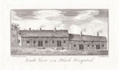 South View of the Black Hospital. antique print.
