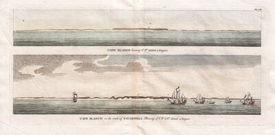 Cape Blanco bearing SW distant 5 leagues  -  Cape Blanco on the coast of Patagonia: Bearing S b W 1/2 W distant 4 leagues 