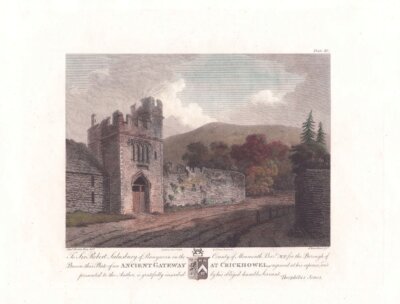 Ancient Gateway at Crickhowell.  (antique prints)